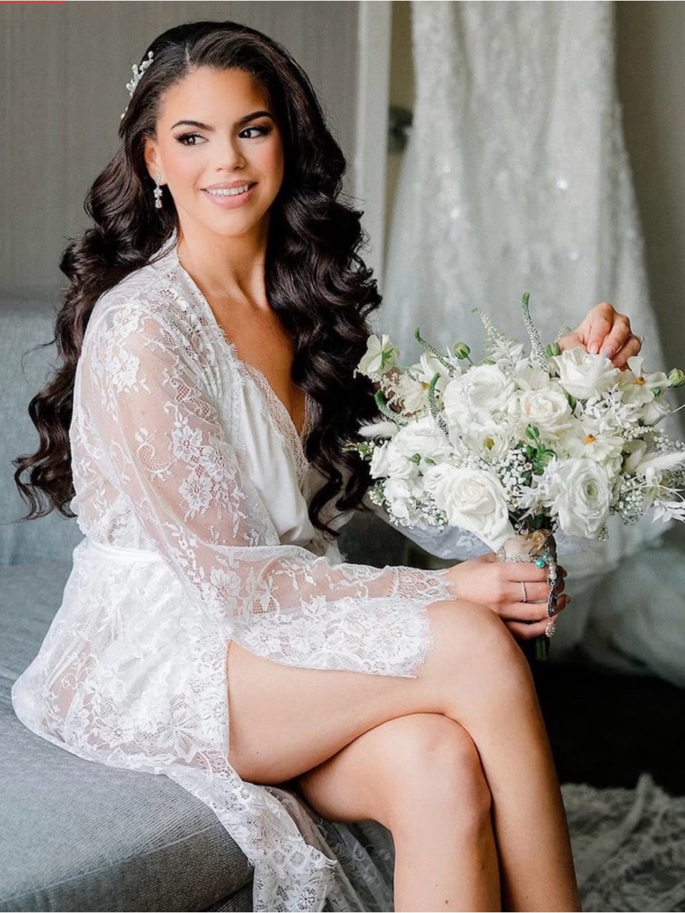 Sheer Lace Bridal Robe with Cathedral Train - White